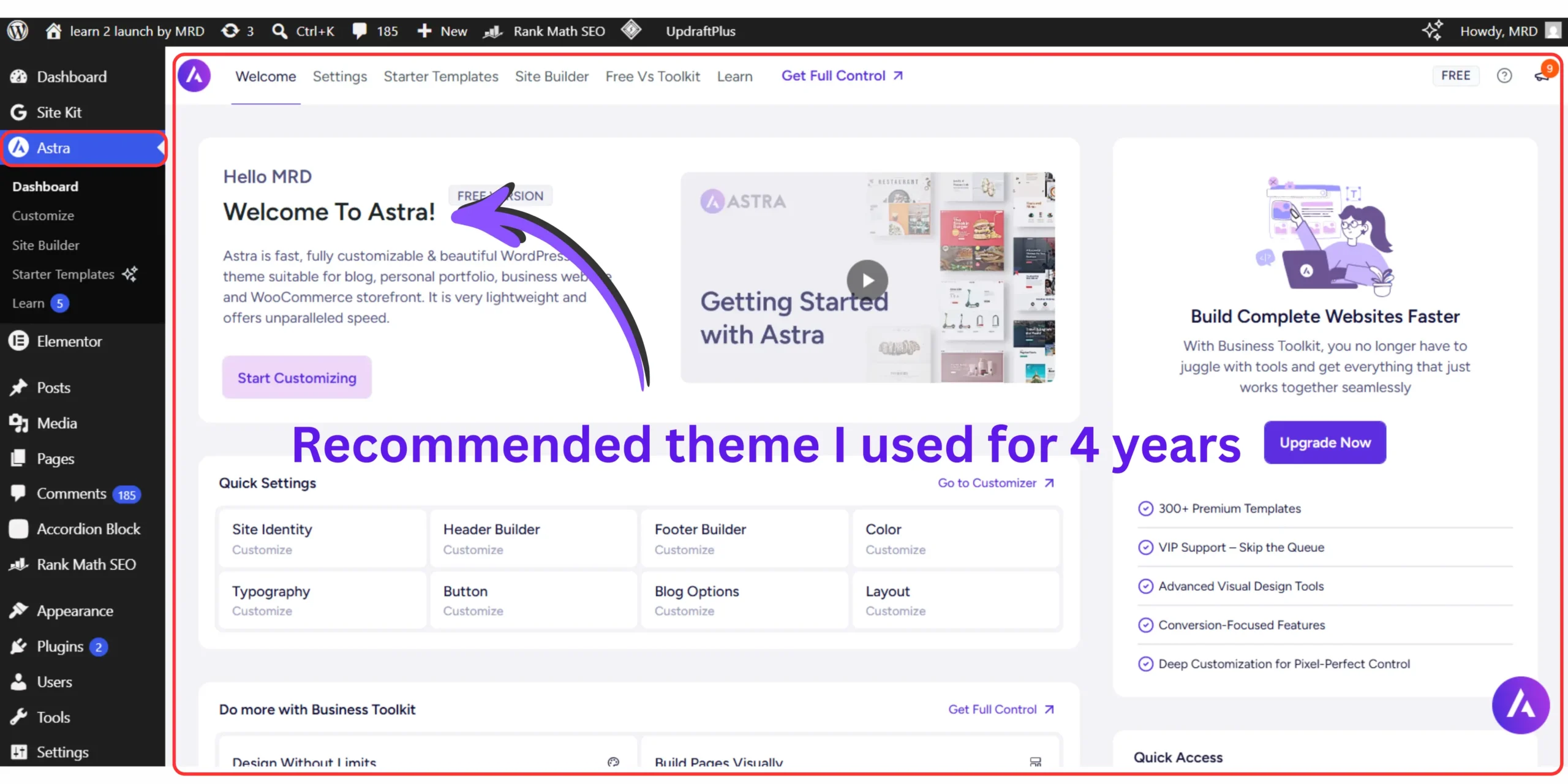 Installing a lightweight WordPress theme such as Astra for a fast no-code WordPress website.