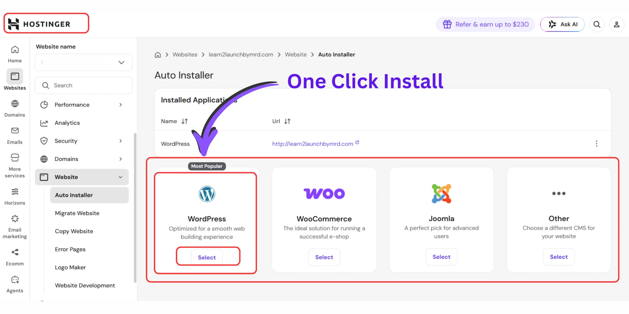 Hostinger one-click WordPress installation screen for creating a WordPress website without coding.