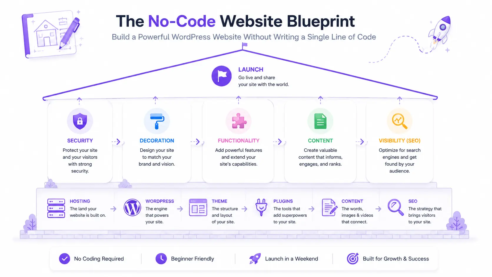 No-code WordPress website blueprint infographic showing the website structure from hosting foundation through WordPress, theme, plugins, content, SEO, security, and final website launch.