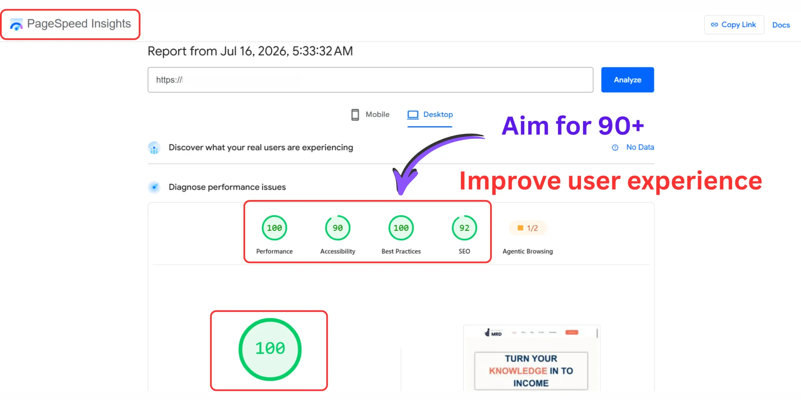 Google PageSpeed Insights performance report for a WordPress website showing Core Web Vitals and loading speed.
