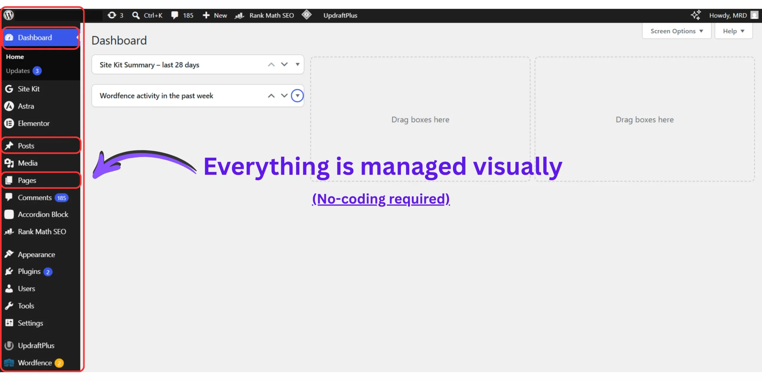 How to build your first WordPress website - WordPress dashboard after first login showing the beginner-friendly interface for creating a WordPress website without coding.