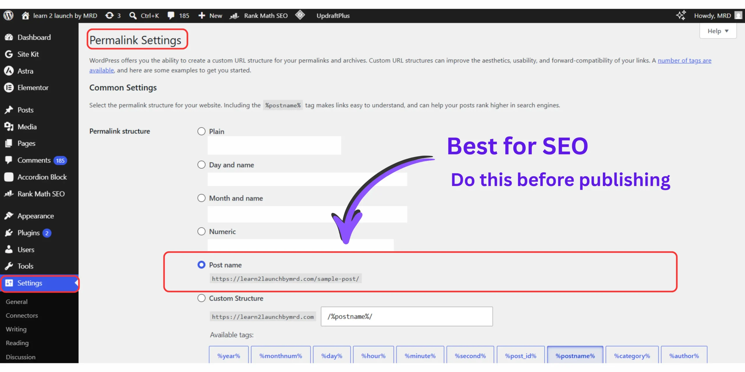WordPress permalink settings configured to Post Name for SEO-friendly URLs and better search visibility.