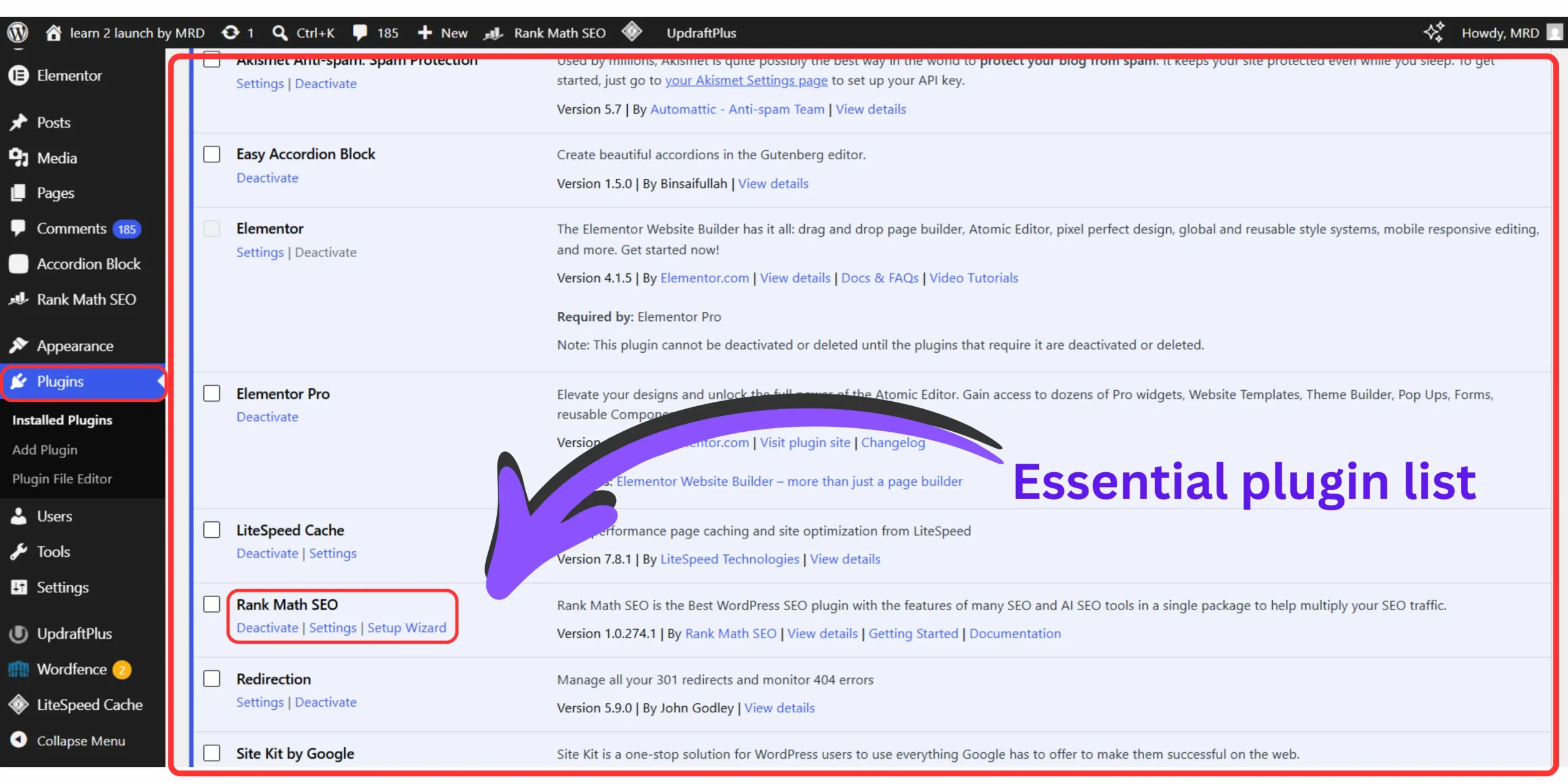 Installing essential WordPress plugins including Rank Math for SEO optimization on a no-code website.