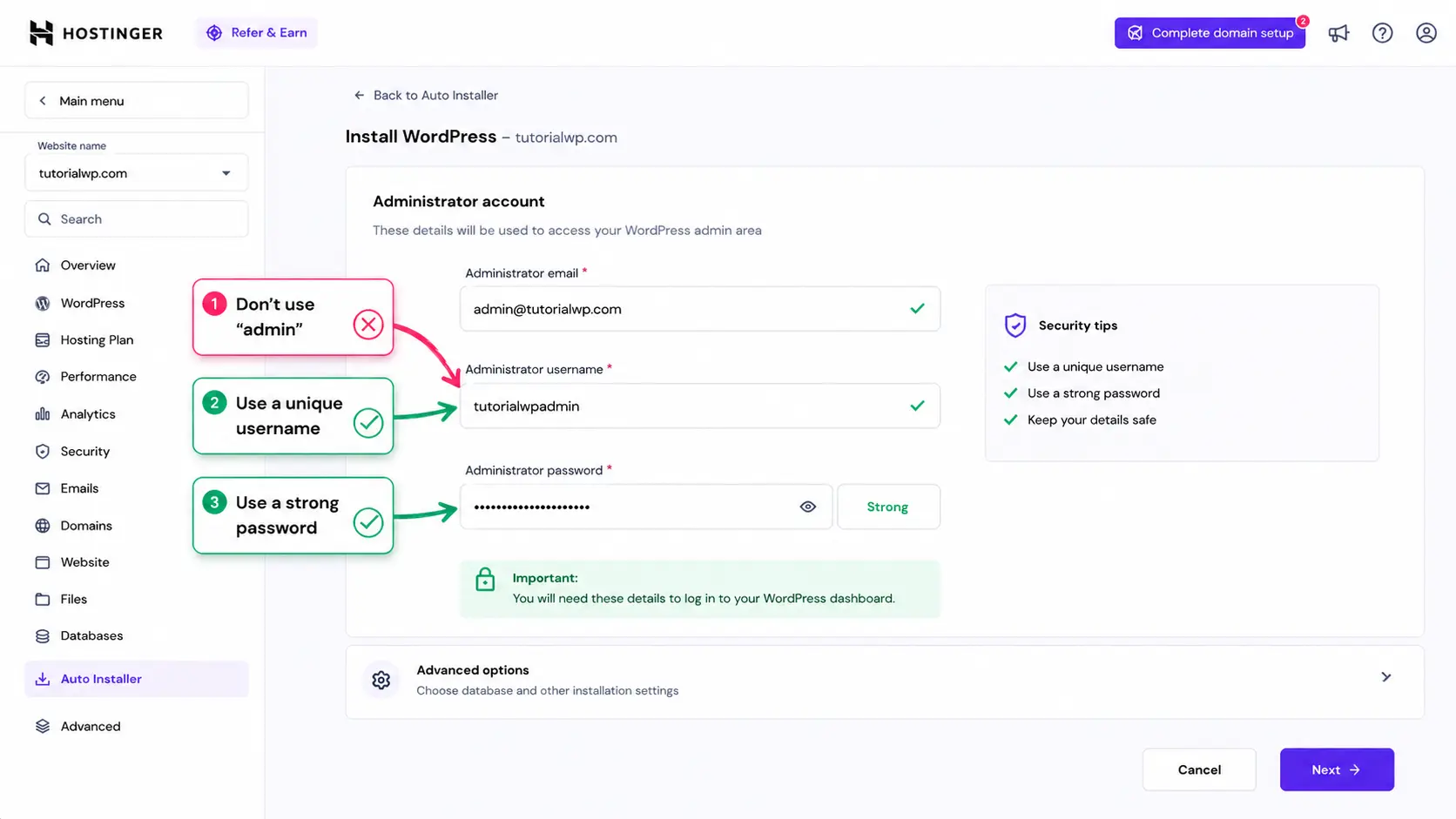 Configure your administrative details - username and password