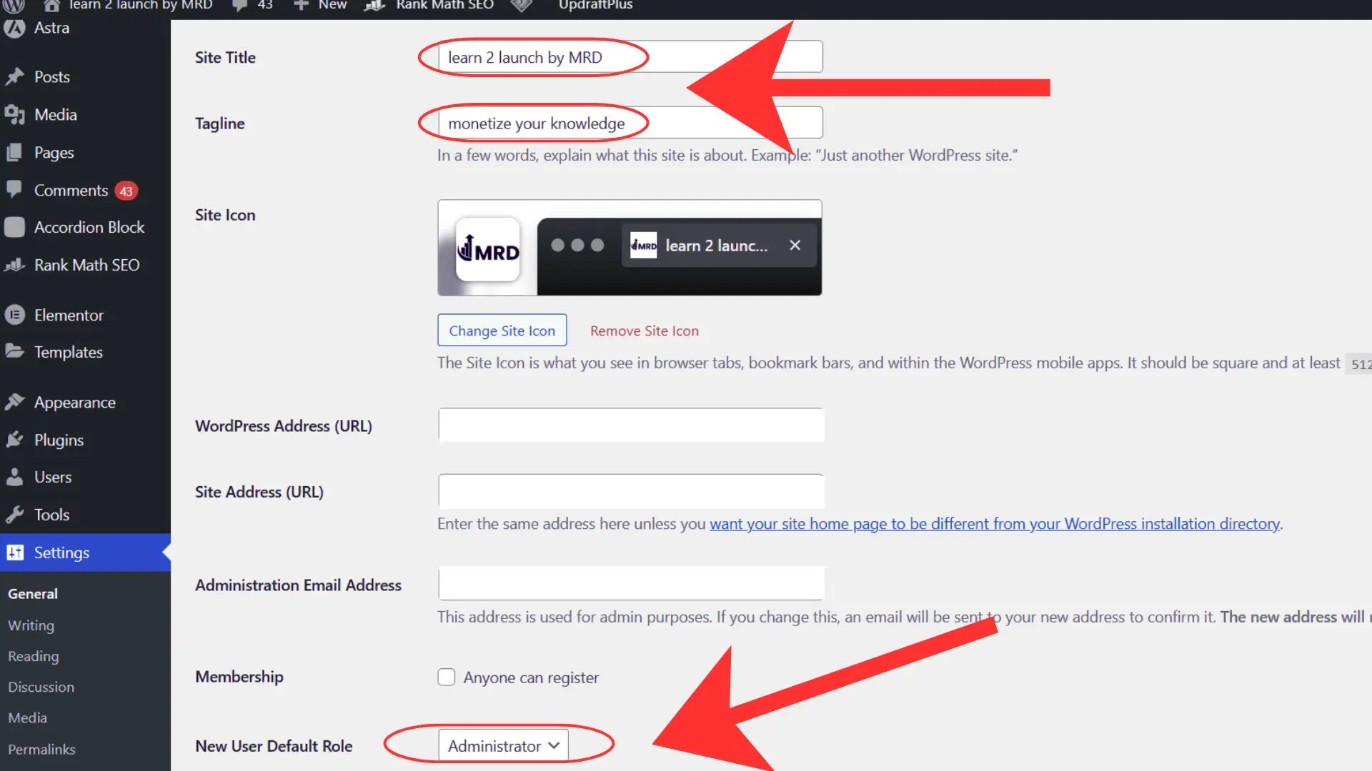 general settings in WordPress