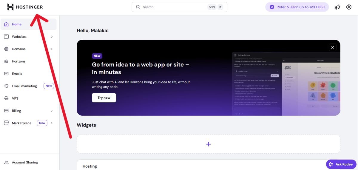 Hostinger dashboard - reliable hosting
