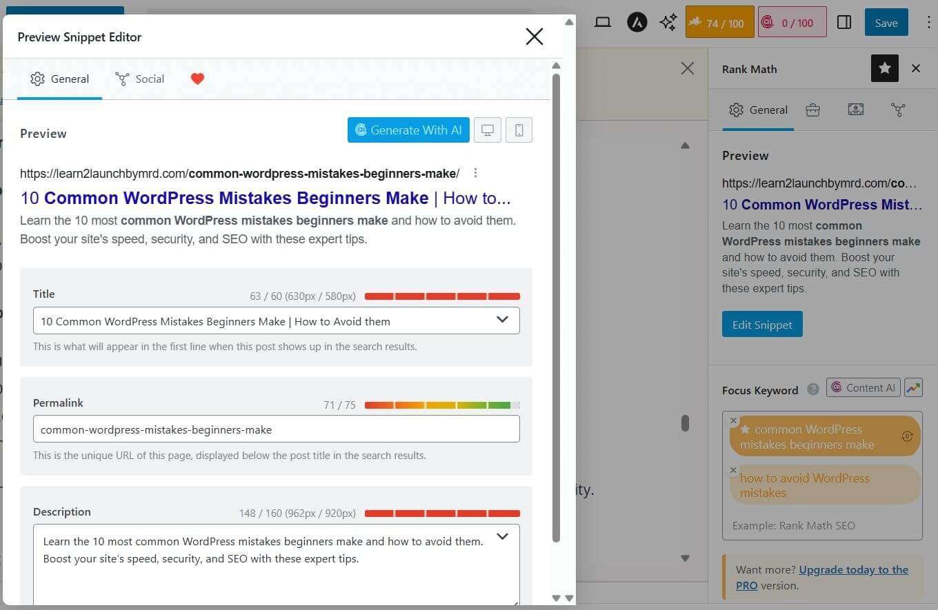 WordPress SEO mistakes beginners make - RankMath SEO panel