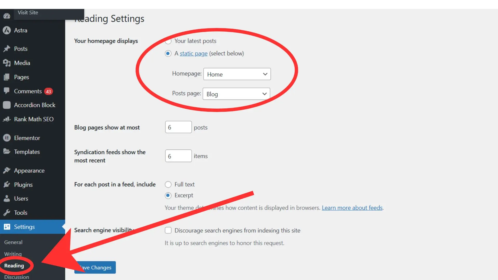 reading settings - WordPress