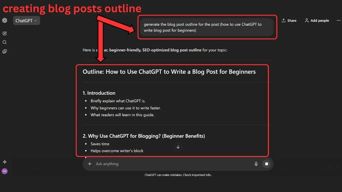 how to use ChatGPT to write blog posts for beginners - generating outline using AI