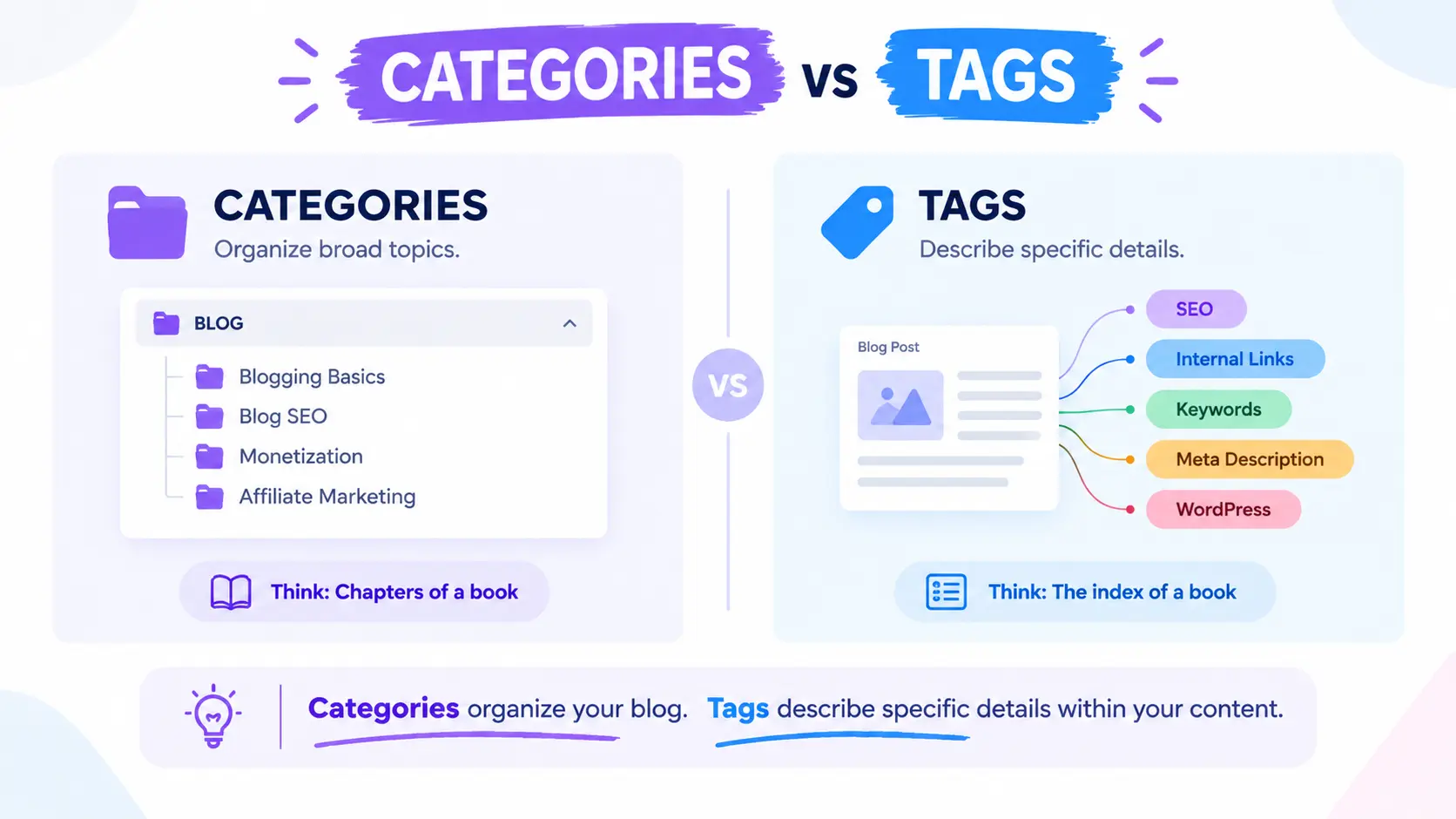 Blog categories vs tags comparison showing categories as broad topics and tags as specific content details