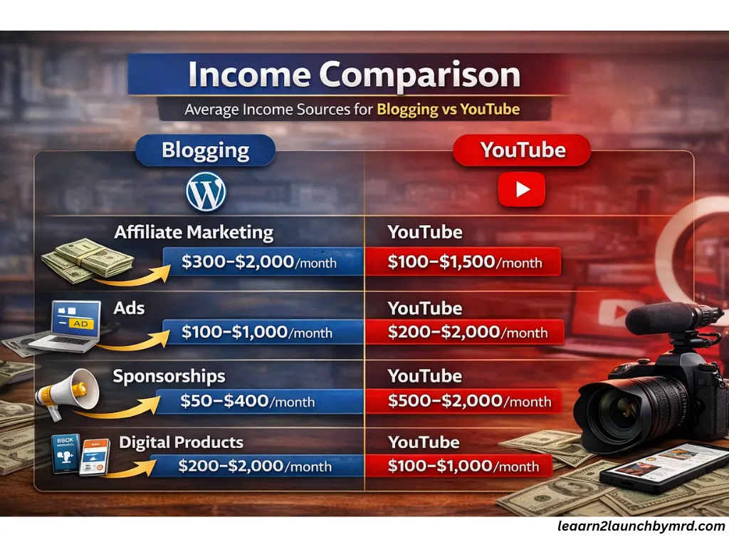 Blog vs YouTube income comparison for beginners