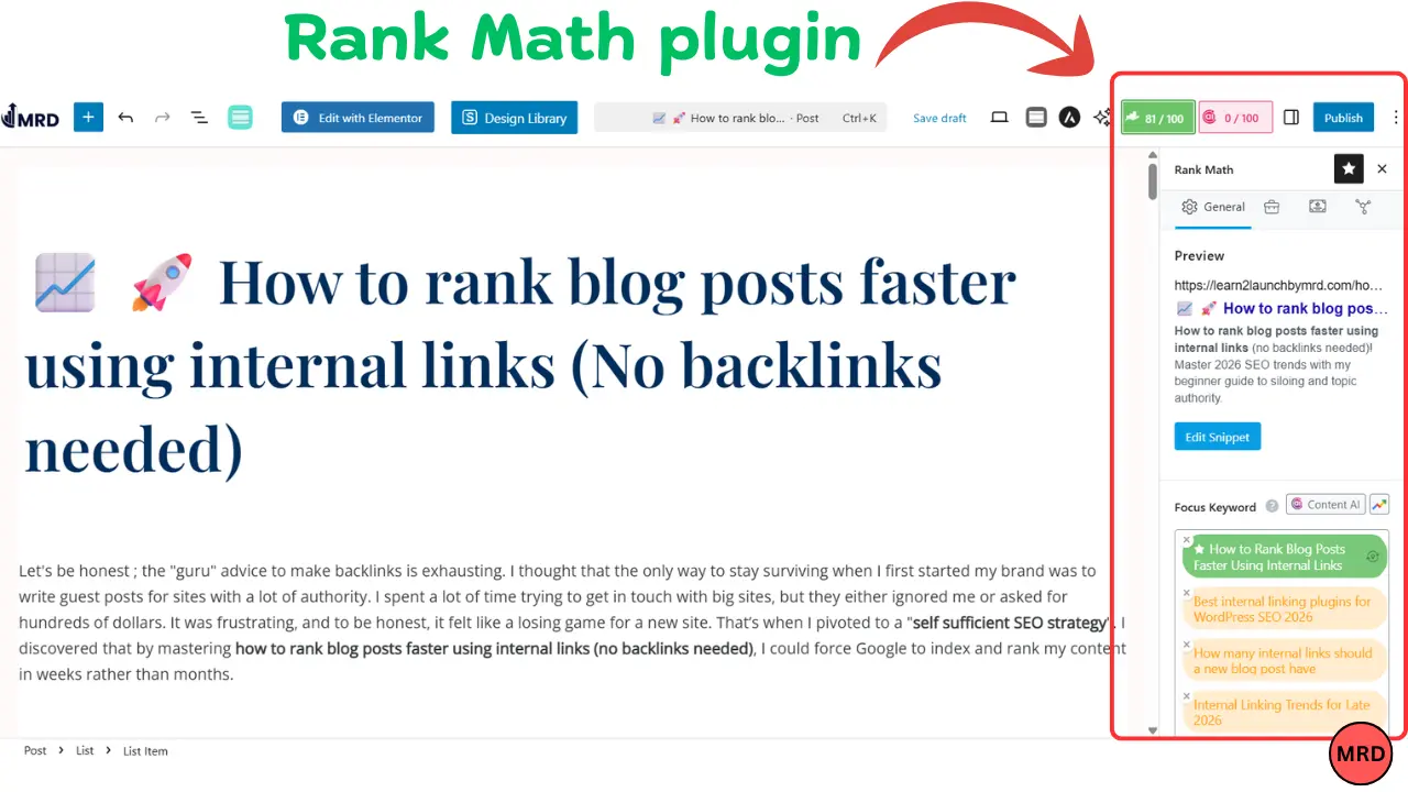Rank Math plugin for internal linking