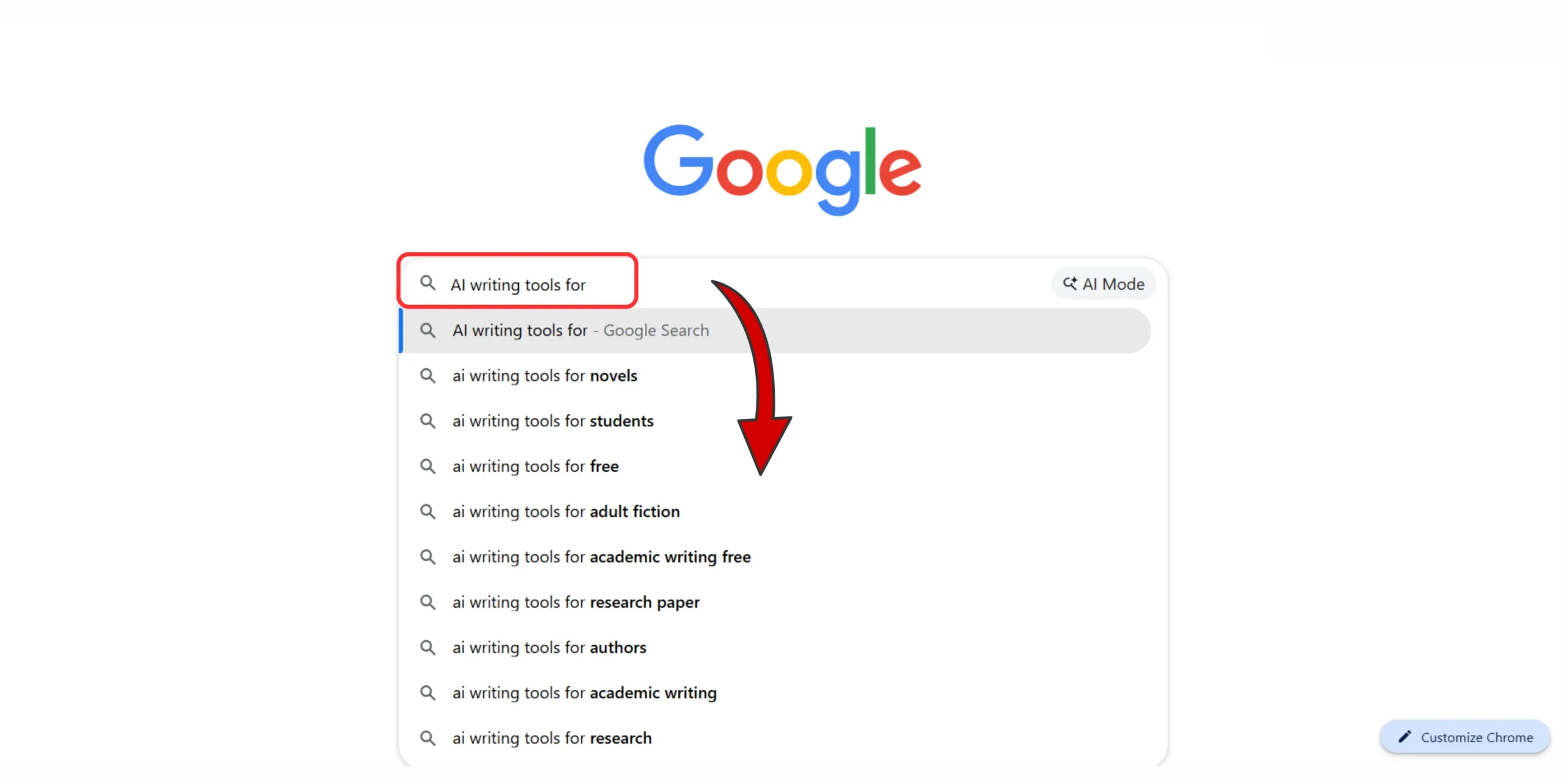 Google autocomplete showing AI writing tools for different user groups like students and bloggers - Using "for" modifier