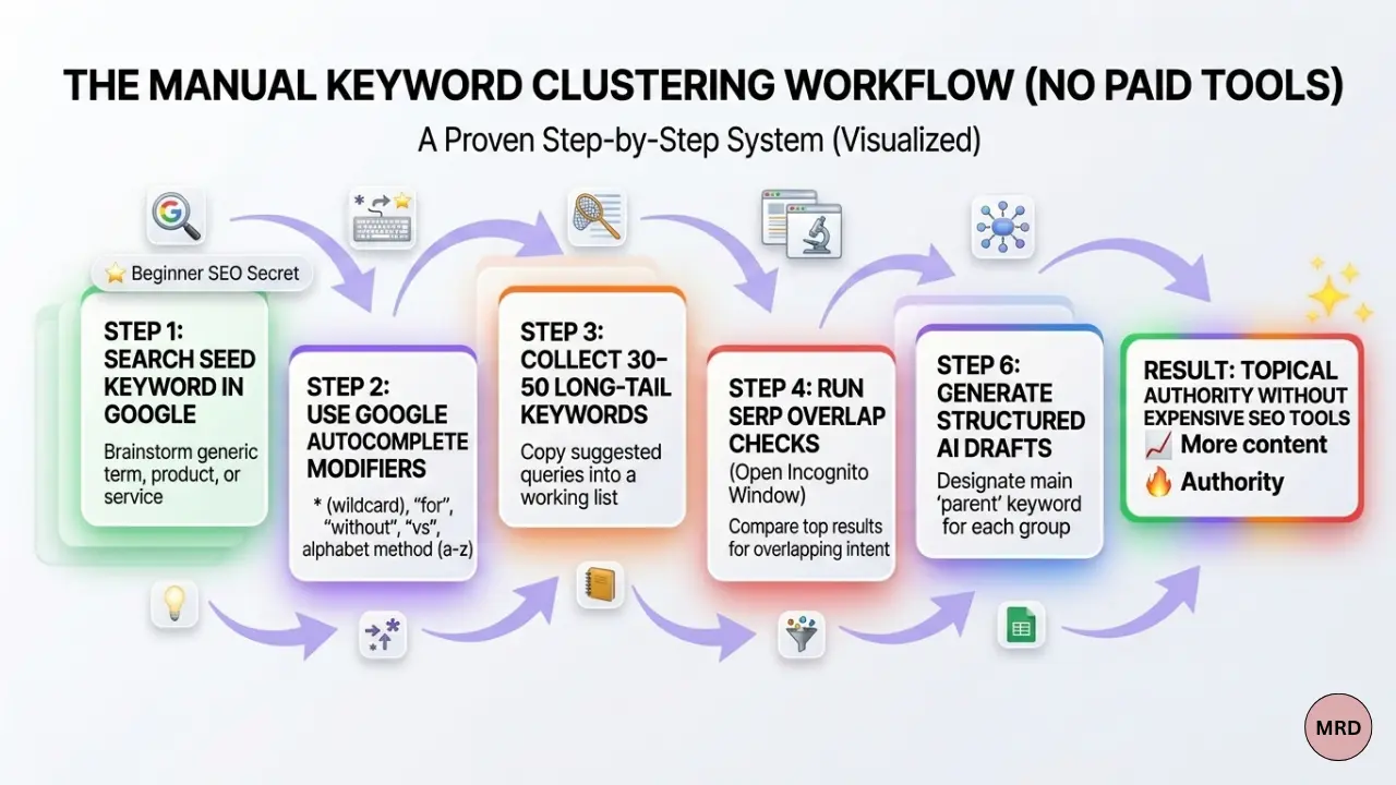 Manual keyword clustering workflow infographic showing Google Autocomplete keyword research, SERP overlap checks, keyword grouping, spreadsheet organization, and AI-assisted content planning workflow