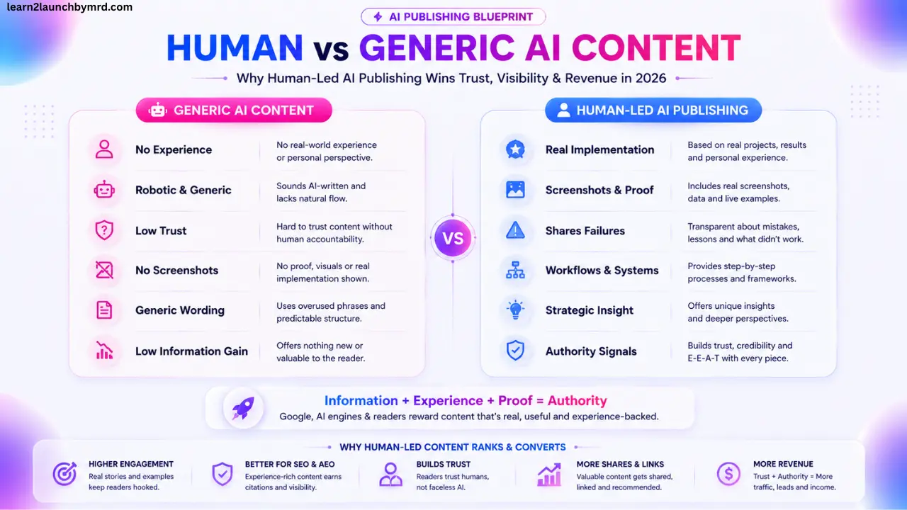 Comparison infographic showing the difference between generic AI-generated content and human-led AI publishing with real experience, screenshots, workflows, and authority signals.