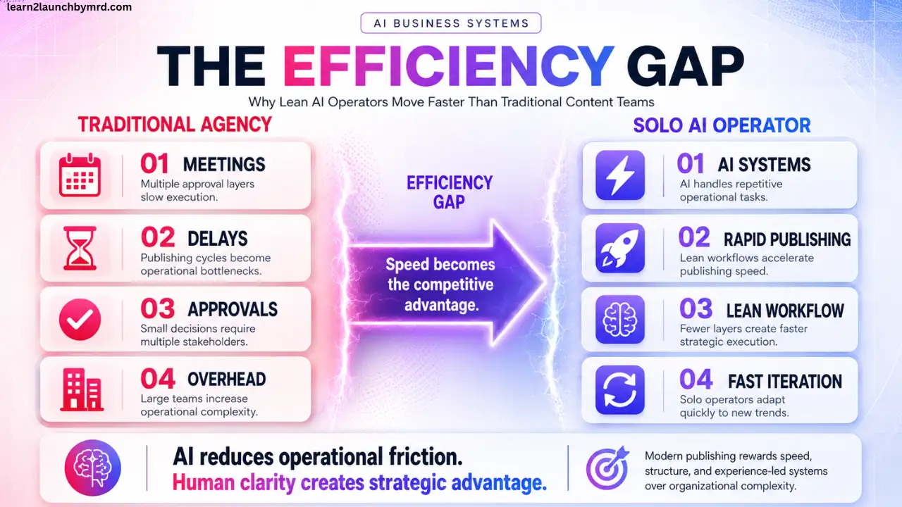 Comparison infographic showing how solo AI operators outperform traditional agencies through faster publishing, lean workflows, AI systems, and rapid iteration.