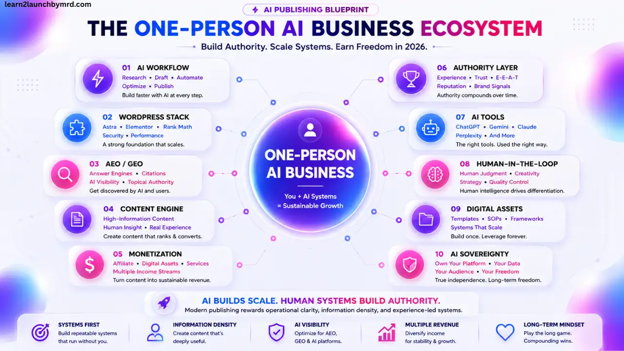 How to start a one-person AI business - Infographic showing the core systems of a one-person AI business including AI workflows, WordPress infrastructure, AEO, monetization, authority building, digital assets, and human-in-the-loop publishing.