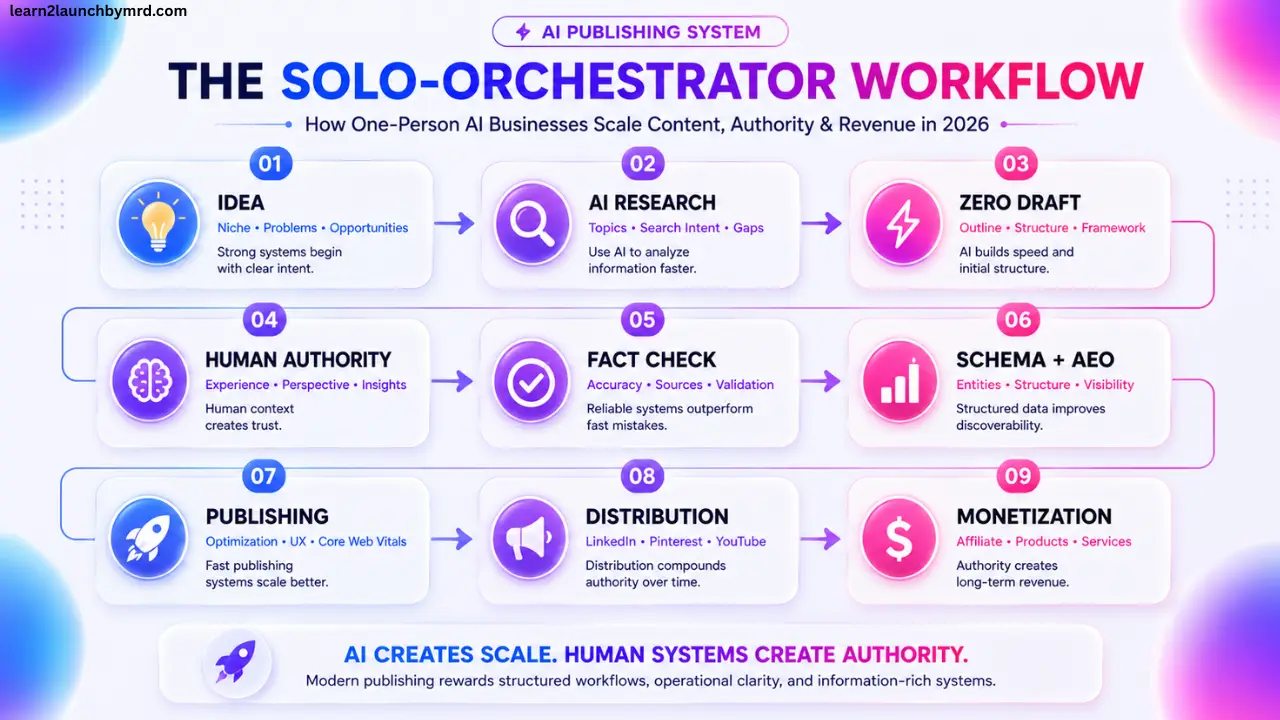 Workflow infographic showing the process of AI-powered publishing from idea generation and AI research to human authority layering, fact-checking, schema optimization, publishing, distribution, and monetization.
