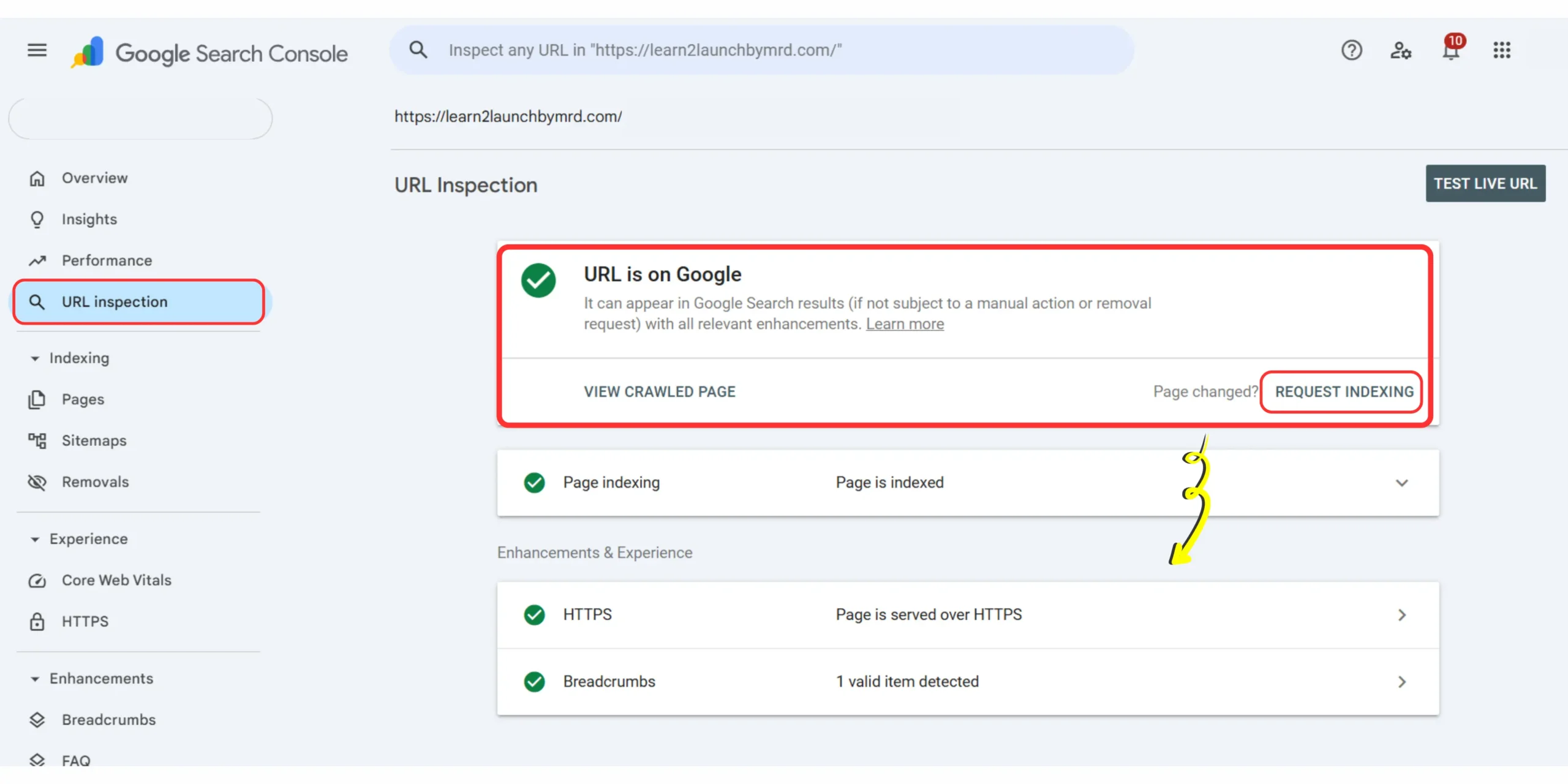 Google Search Console URL Inspection tool showing a WordPress page that is indexed by Google.