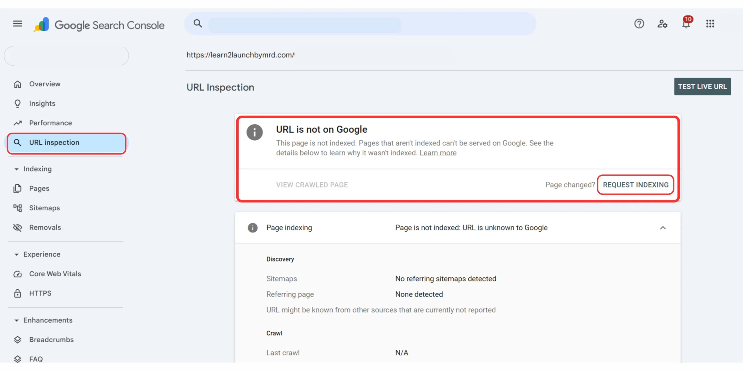 Google Search Console URL Inspection tool showing a WordPress page that is not indexed by Google.
