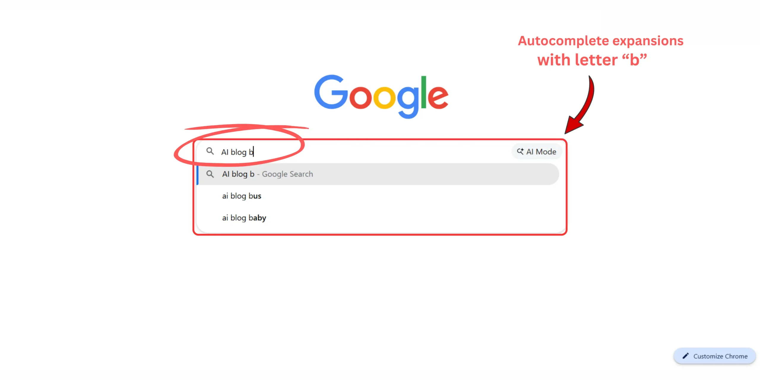 Google autocomplete showing AI blog "b" keyword variations for long-tail keyword discovery