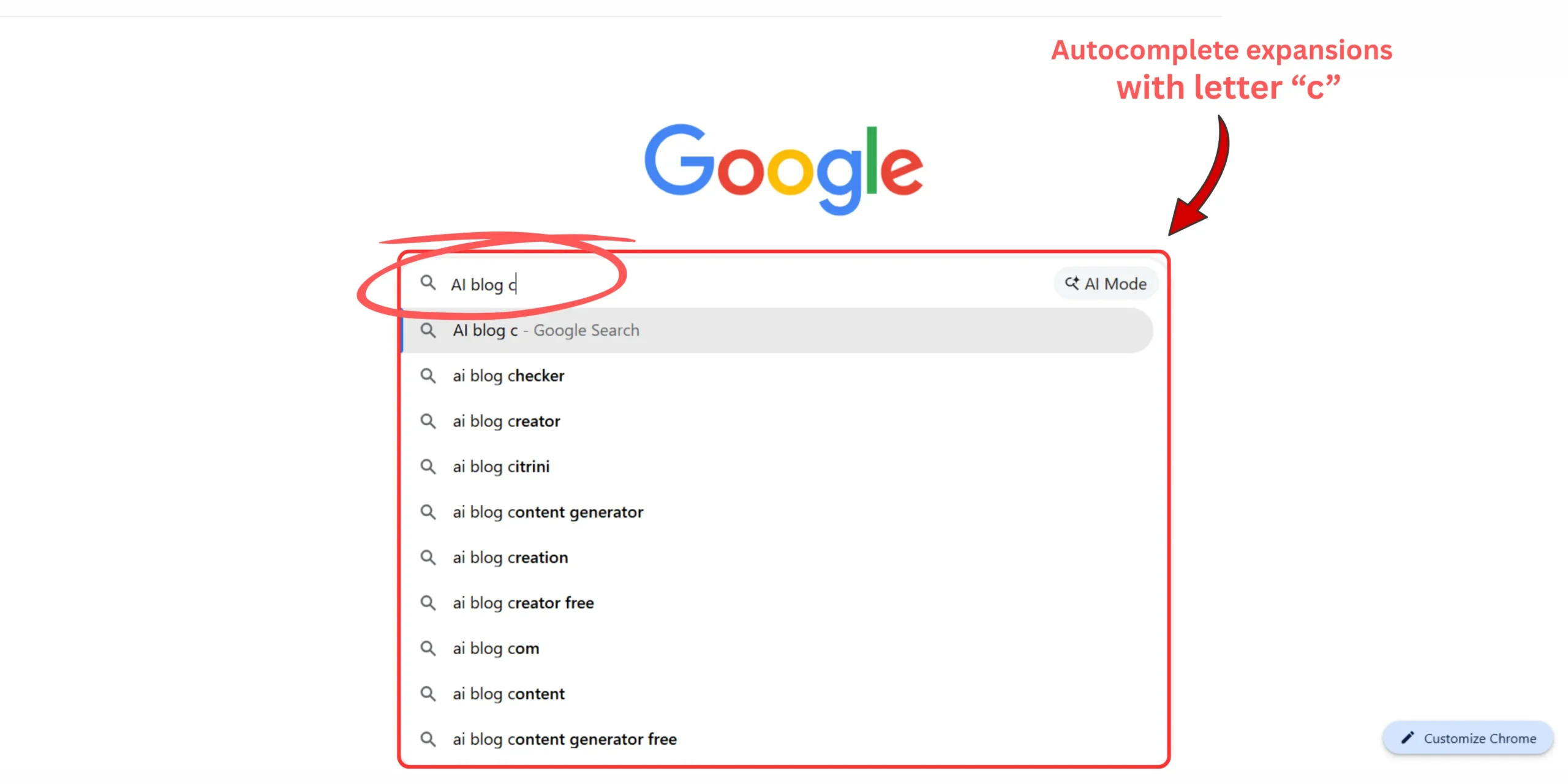 Google autocomplete showing AI blog "c" keyword variations for long-tail keyword discovery