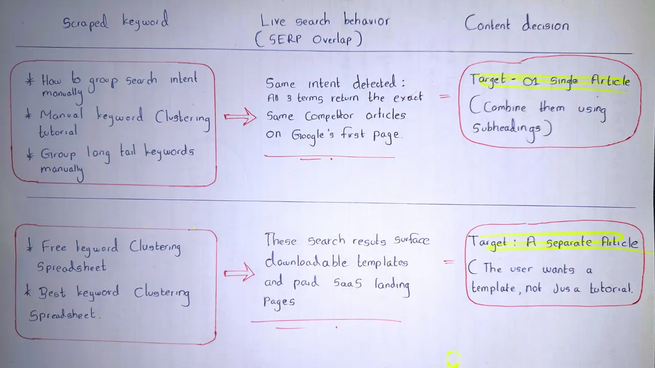 Hand-drawn notebook sketch displaying a raw content map with messy keyword clustering circles and arrows.