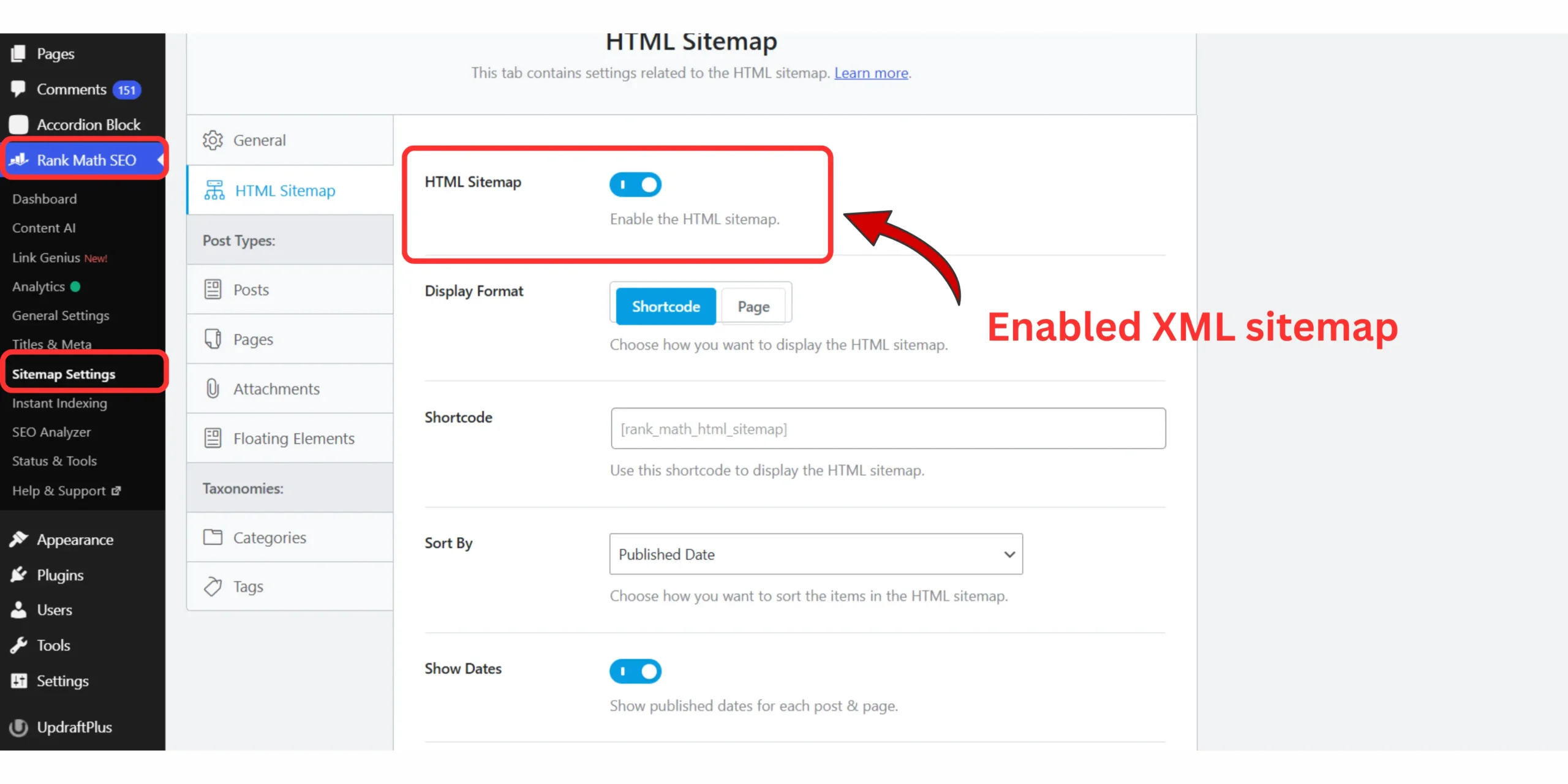 Rank Math XML Sitemap settings screen in WordPress showing the XML sitemap feature enabled for Google indexing.