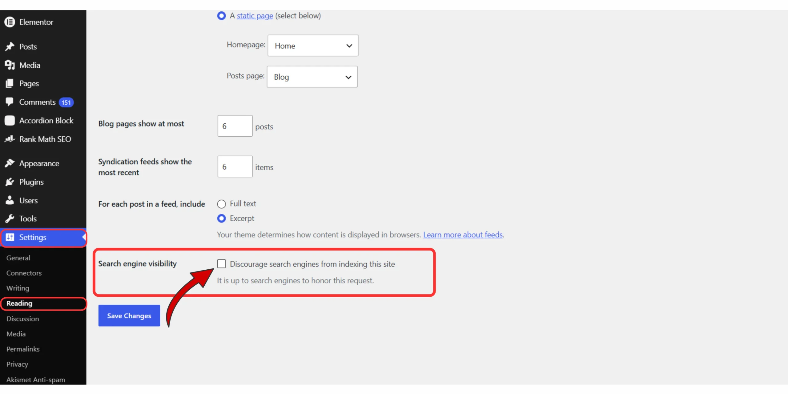 WordPress Reading Settings screen showing the search engine visibility checkbox used to allow search engines to index a website.