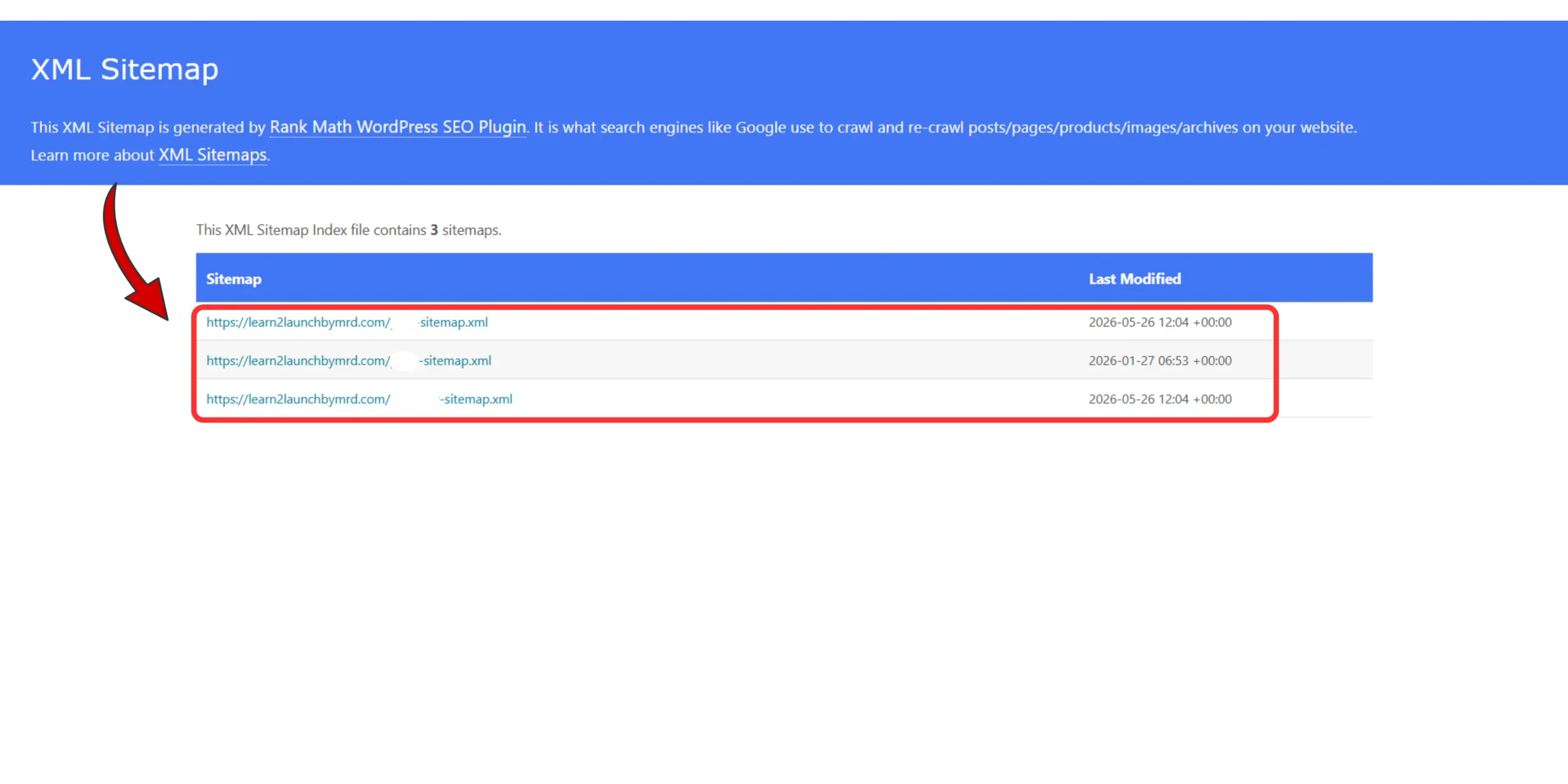 WordPress XML sitemap index opened in a web browser showing sitemap URLs used for Google indexing.