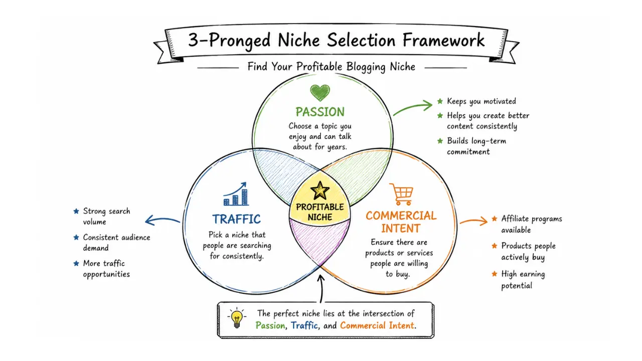 3-pronged niche selection framework showing passion, traffic, and commercial intent in a Venn diagram with profitable niche at the center for affiliate marketing bloggers