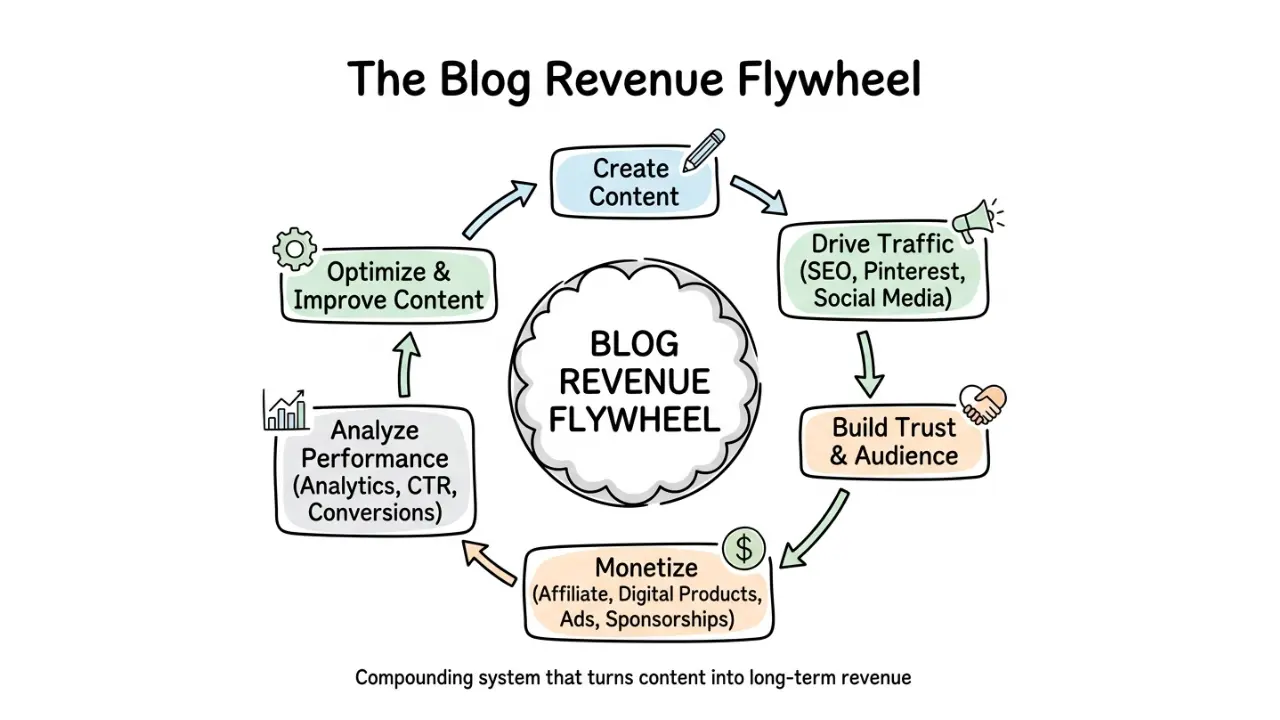 Hand-drawn infographic showing the blog revenue flywheel system, including content creation, traffic growth, audience building, monetization, analytics, and optimization in a continuous loop.