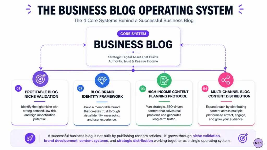 Business blog operating system framework showing profitable blog niche validation, blog brand identity framework, high-income content planning protocol, and multi-channel blog content distribution.