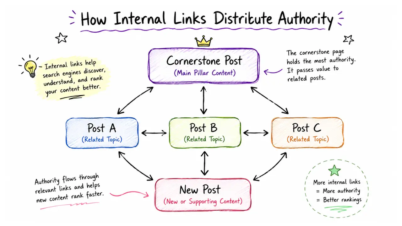 Hand-drawn SEO infographic showing how internal links distribute authority from a cornerstone post to supporting posts and new blog content in a structured network flow.