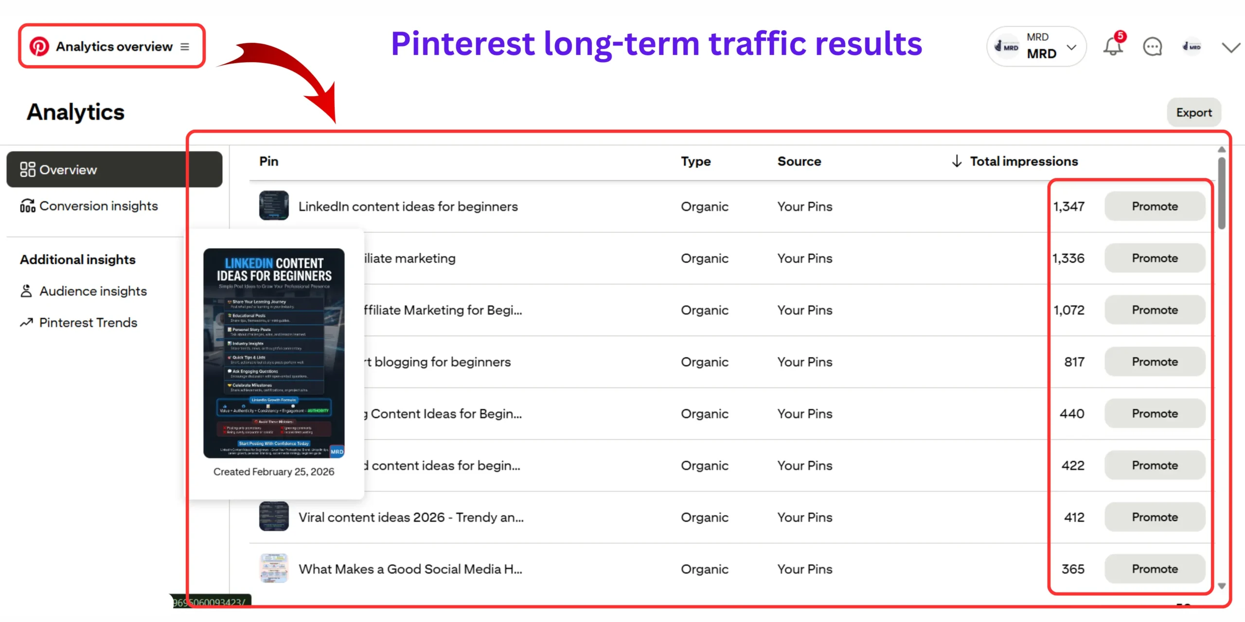 Long term traffic for the Pinterest - traffic growing step by step