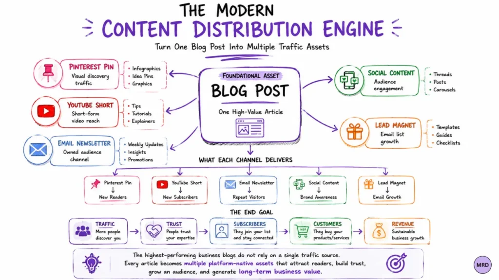 Modern content distribution engine showing how one blog post can be repurposed into Pinterest pins, YouTube Shorts, email newsletters, social content, and lead magnets.