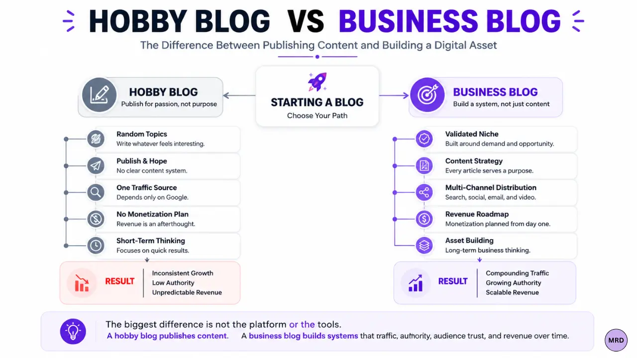 Comparison infographic showing the differences between a hobby blog and a business blog, including niche validation, content strategy, monetization, and asset building.