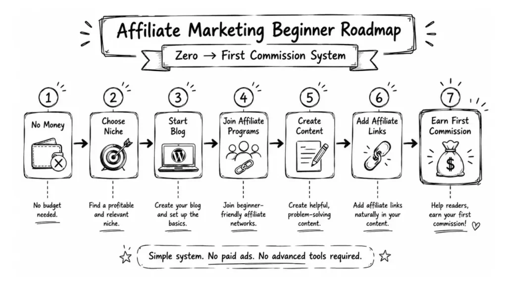 Affiliate marketing beginner roadmap infographic showing step-by-step journey from no money to first commission, including niche selection, starting a blog, joining affiliate programs, creating content, and adding affiliate links in a simple hand-drawn mind map style