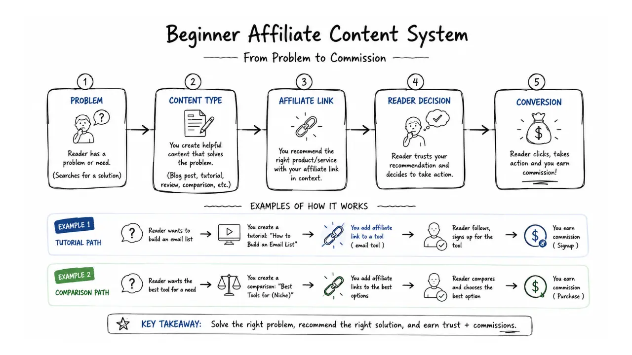 Beginner affiliate content system flowchart showing how problem identification leads to content creation, affiliate link placement, reader decision, and conversion in a step-by-step monetization process.