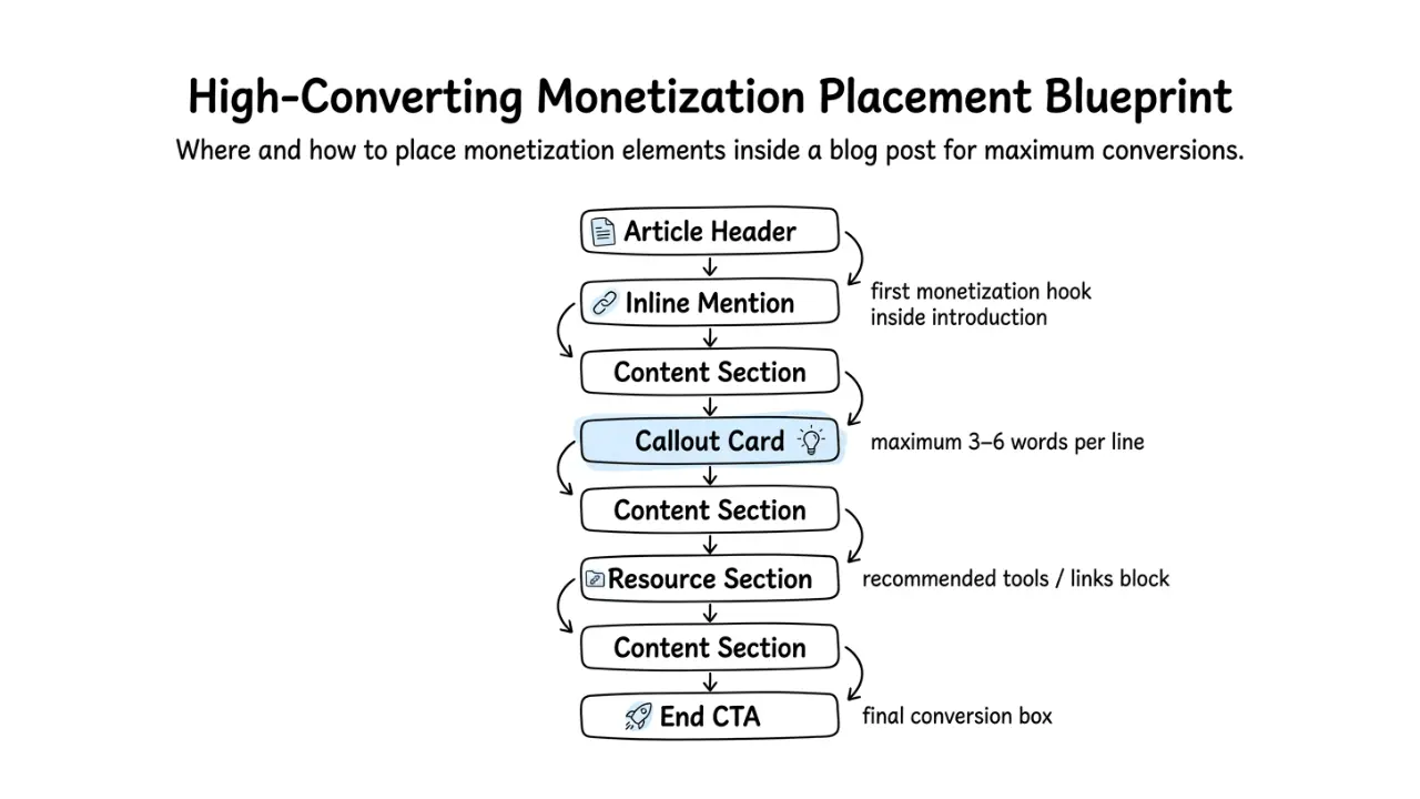 Hand-drawn wireframe infographic showing a high-converting blog monetization placement structure, including article header, inline mentions, content sections, callout cards, resource blocks, and end CTA arranged in a step-by-step flow.