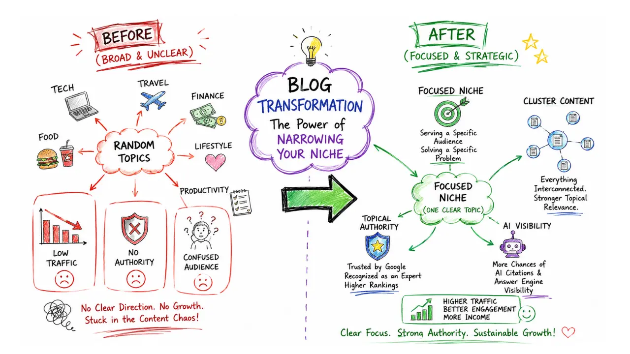 Hand-drawn 16:9 infographic showing blog transformation from broad random topics with low traffic and no authority to a focused niche strategy with cluster content, topical authority, and AI visibility for higher Google rankings.