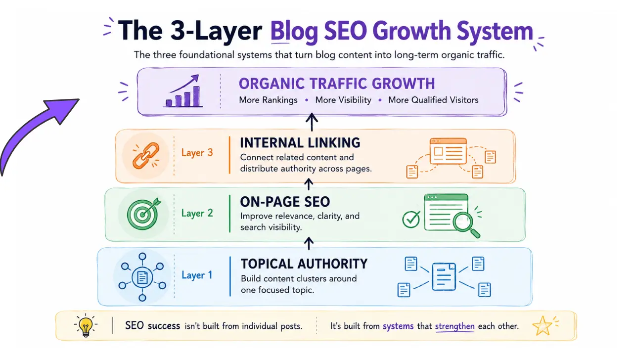 Three-layer blog SEO growth system infographic showing topical authority, on-page SEO, and internal linking working together to drive organic traffic growth.
