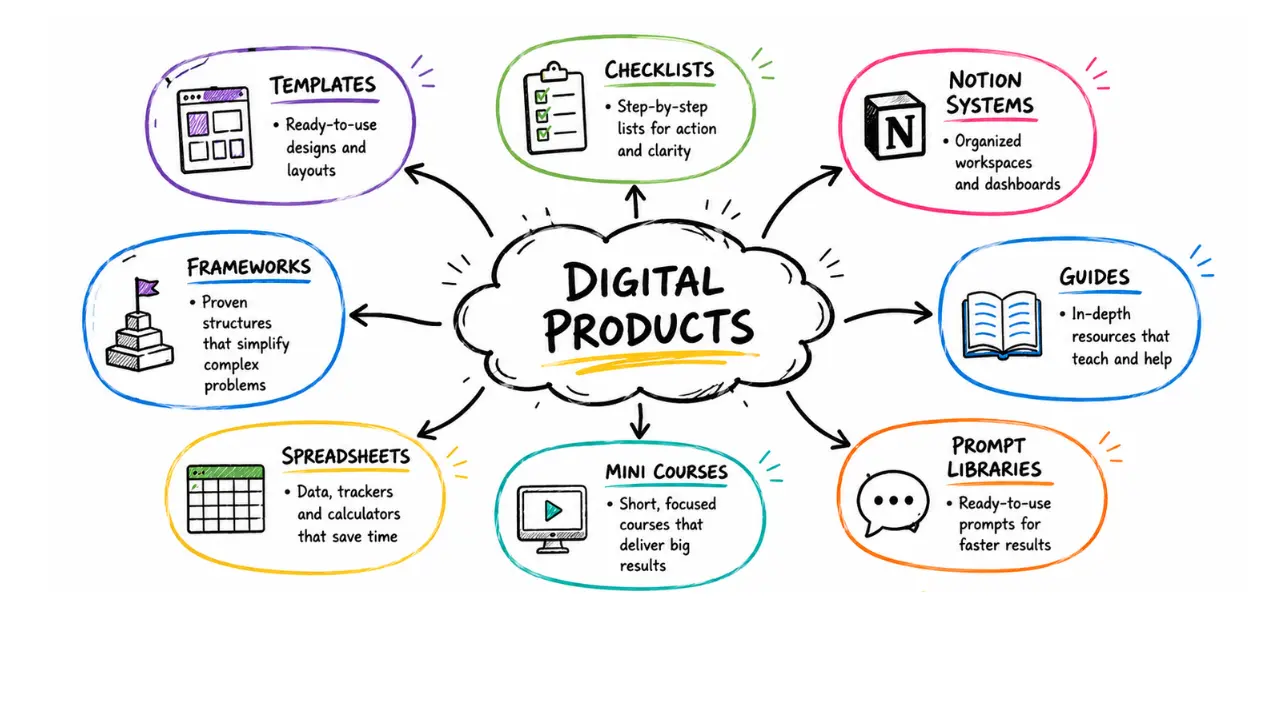 Hand-drawn mind map infographic showing digital product opportunities for bloggers, including templates, checklists, Notion systems, guides, prompt libraries, mini courses, spreadsheets, and frameworks around the central concept of digital products.