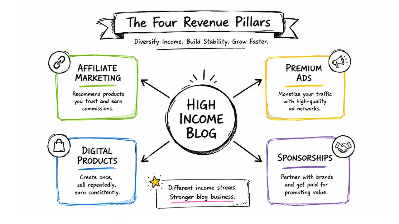 Hand-drawn mind map infographic showing the four revenue pillars of a high-income blog, including affiliate marketing, digital products, premium ads, and sponsorships connected to a central high-income blog strategy.