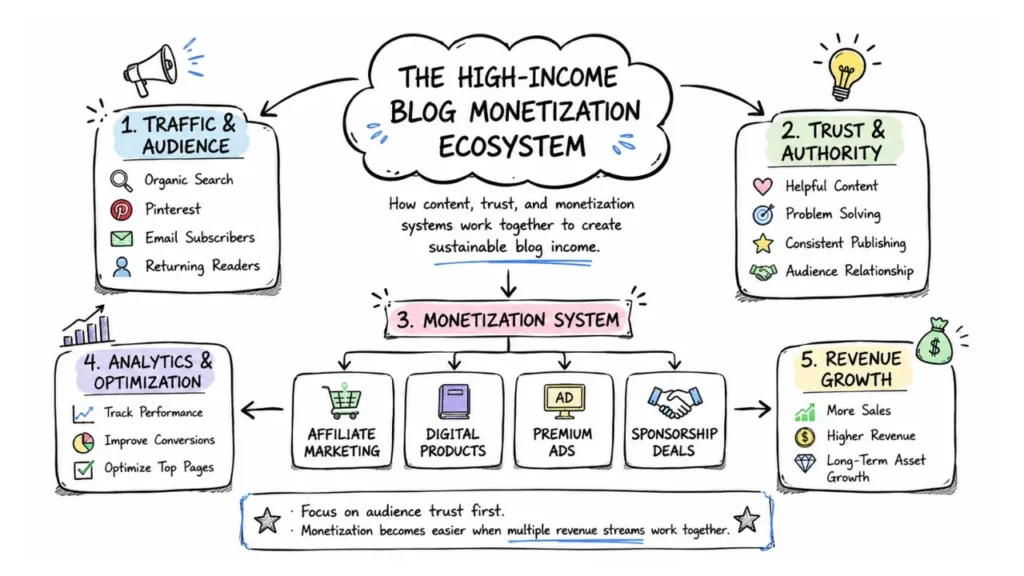 Hand-drawn mind map infographic showing the high-income blog monetization ecosystem, including traffic and audience, trust and authority, affiliate marketing, digital products, premium ads, sponsorships, analytics, optimization, and revenue growth.