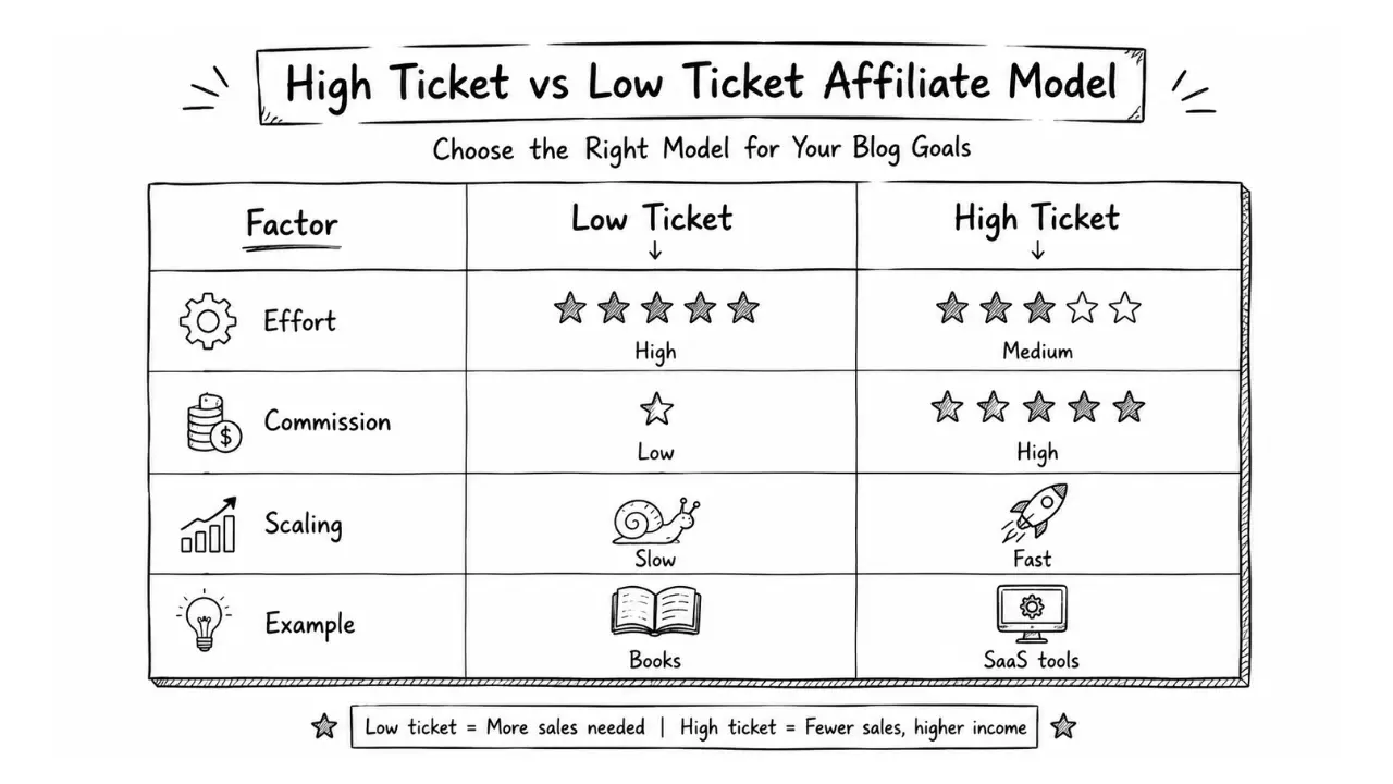 Hand-drawn comparison infographic showing high ticket vs low ticket affiliate marketing model. Includes factors like effort, commission, scaling, and examples such as books versus SaaS tools, highlighting differences for beginner bloggers.