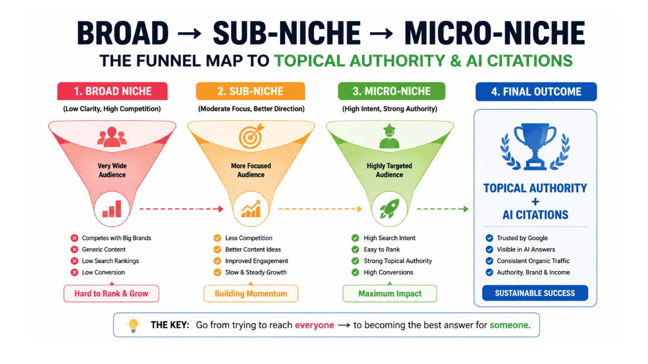 Broad vs Sub-Niche vs Micro-Niche Funnel Map showing how narrowing a blog niche increases topical authority, reduces competition, improves search intent, and leads to AI citations and higher Google rankings. - How specific should a blog niche be