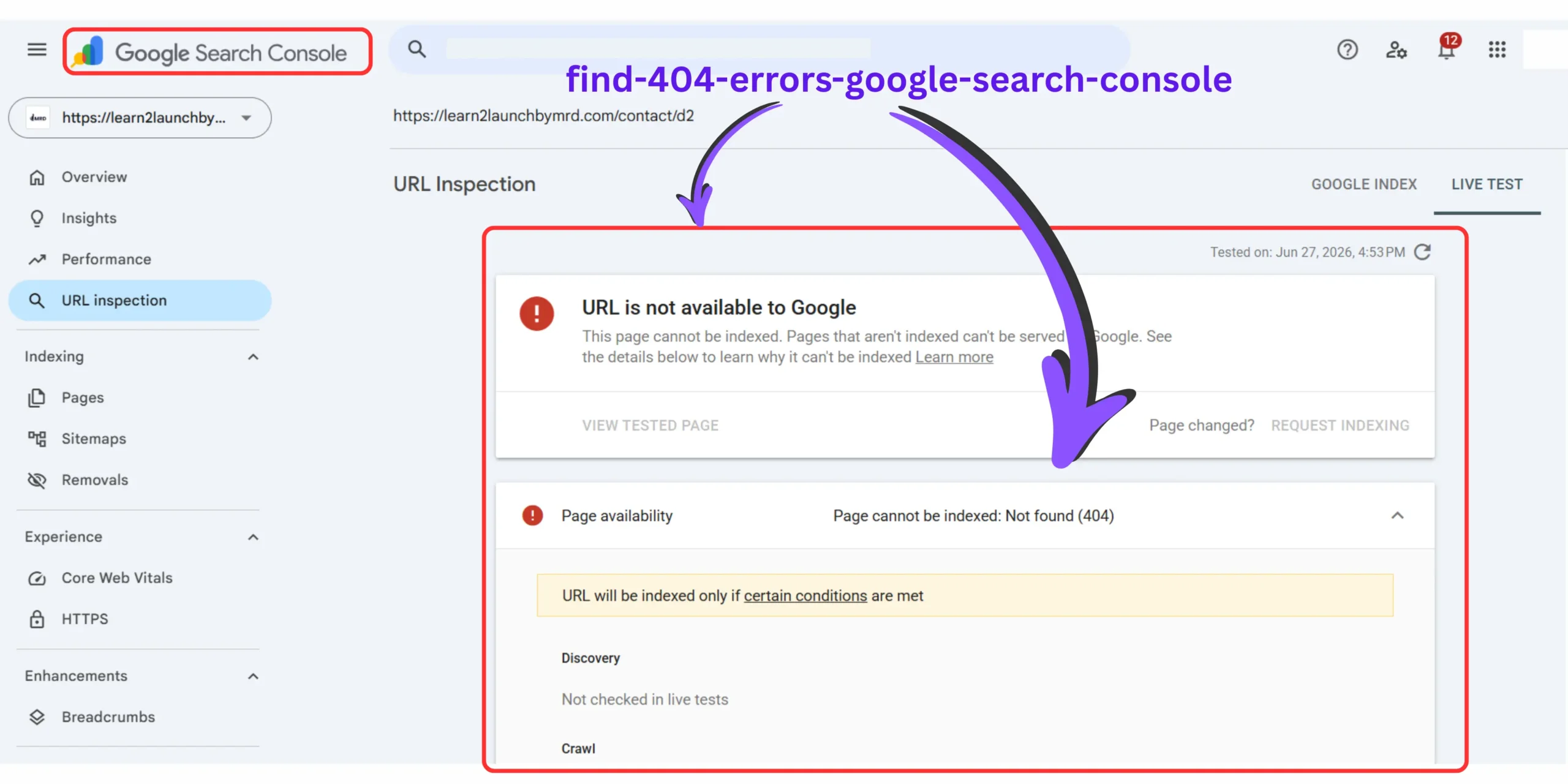 Screenshot of a WordPress 404 error validation process inside Google Search Console to fix broken links after changing a post URL.