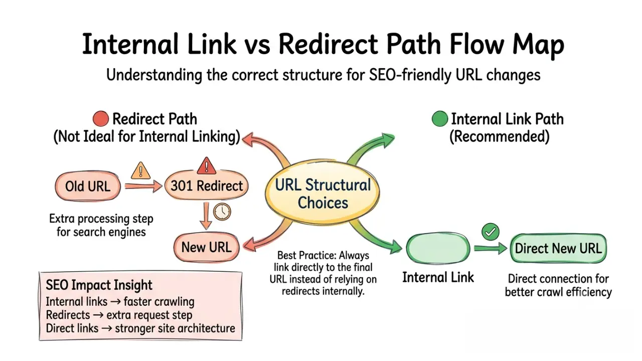 Internal link vs redirect path flow map showing old URL redirecting to new URL versus internal links pointing directly to new URL for better SEO structure