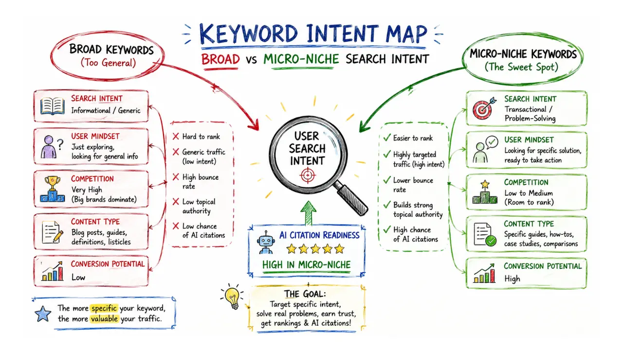 Hand-drawn keyword intent map showing broad vs micro-niche search intent, comparing informational generic keywords with transactional problem-solving micro-niche keywords and highlighting AI citation readiness in micro-niches.
